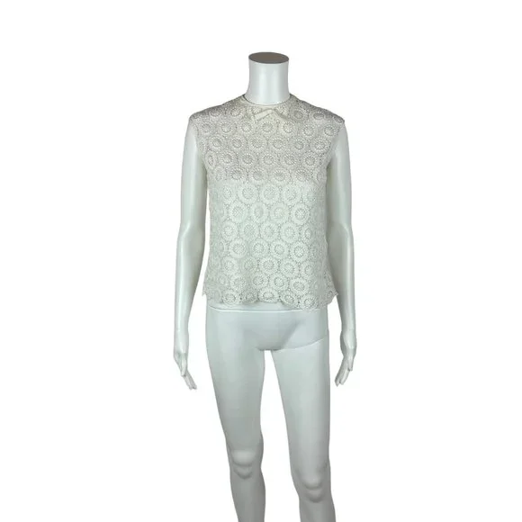 Vintage 50s Lace Blouse Women's Medium White Bow Neck Button Back Sleeveless